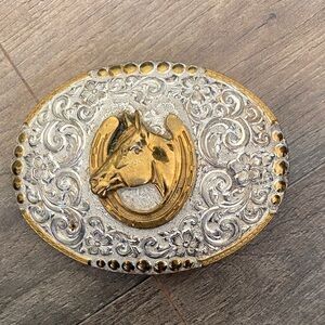 Gold and Silver Horse Motif Belt Buckle